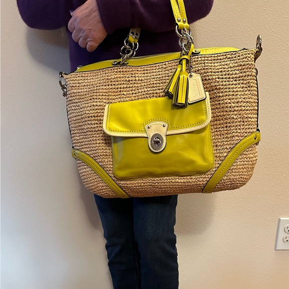 Coach Straw Satchel #23181 Silver/Natural/Lime - Picture 15 of 17